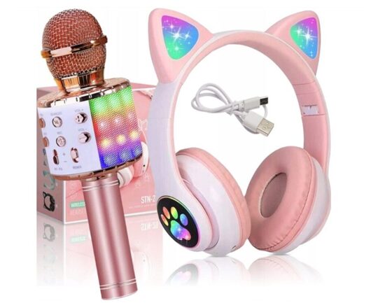 Muzikinis rinkinys su bluetooth cat ear ausinėmis ir karaoke mikrofonu su kolonėlės funkcija